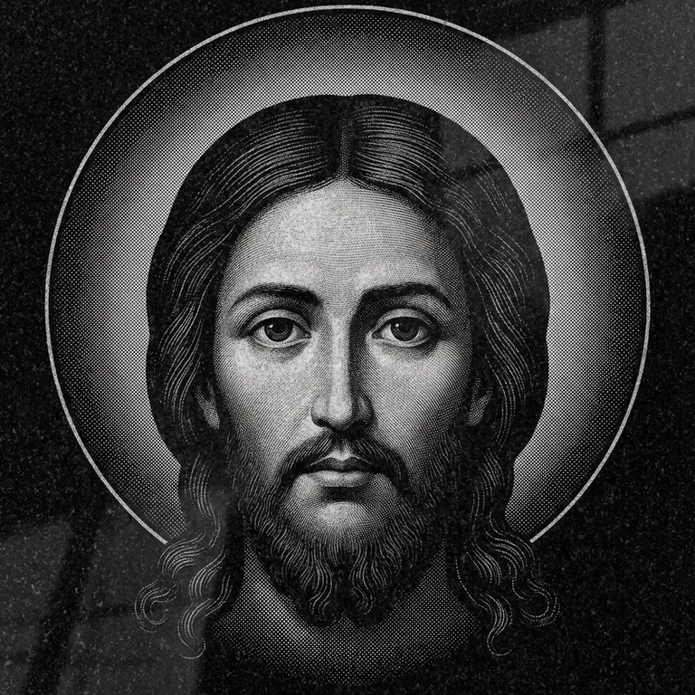 Эскиз иконы: Спас Нерукотворный (полутон) — детальный лик на убрусе, гравировка на памятник в Кемерово