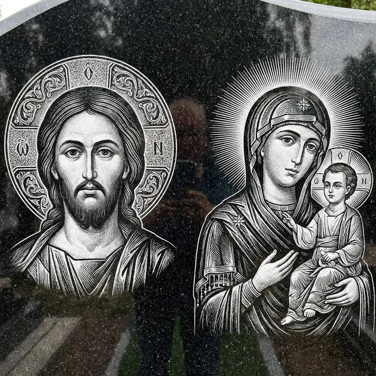 Эскиз иконы: Спаситель и Богородица — парные образы симметрично, гравировка на памятник в Кемерово