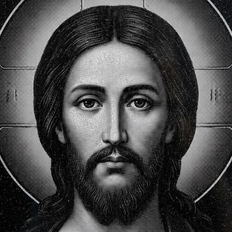 Эскиз иконы: Спас Вседержитель (полутон) — объёмный лик, светотень, гравировка на памятник в Кемерово