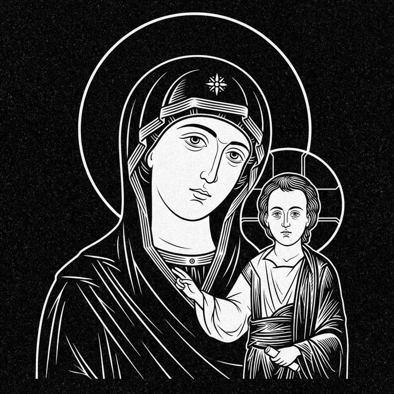 Эскиз иконы: «Утоли моя печали» — облегчение скорби, гравировка на памятник в Кемерово