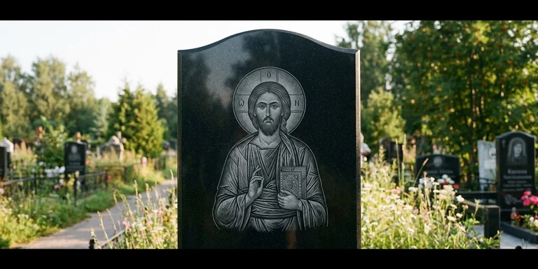 Иконы для гравировки на памятник в Кемерово — образ на стеле из чёрного гранита с ручной доводкой лика