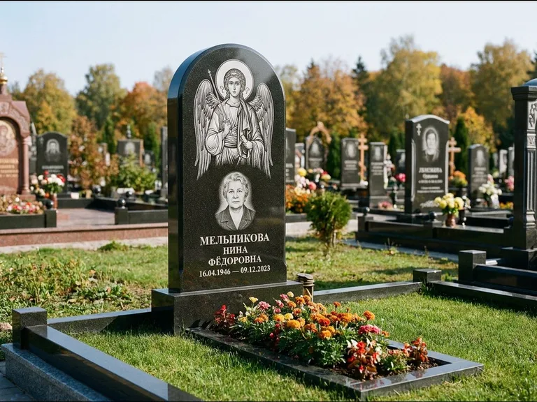 Памятник с гравировкой иконы — икона над портретом усопшего, работа «Журавлёв» в Кемерово