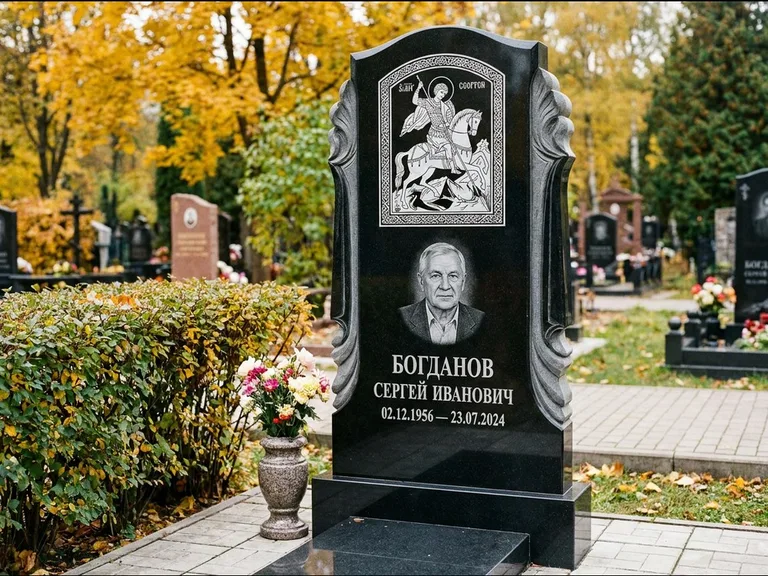 Памятник с гравировкой иконы — икона Спаса Вседержителя над именем усопшего, работа «Лебедева» в Кемерово