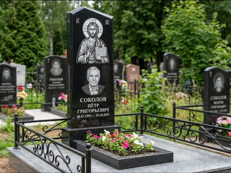 Памятник с гравировкой иконы — образ Николая Чудотворца, работа «Мельникова» в Кемерово