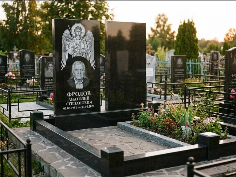 Памятник с гравировкой иконы: стела с резной рамкой вокруг иконы — Архангел Михаил на стеле, белая мраморная крошка с бордюром, работа «Богданова» в Кемерово