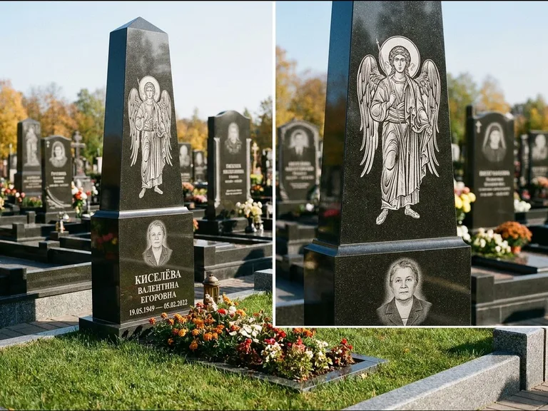 Памятник с гравировкой иконы: асимметричная скошенная стела — гравировка образа Спасителя, живая изгородь из кустарника, работа «Третьяков» в Кемерово