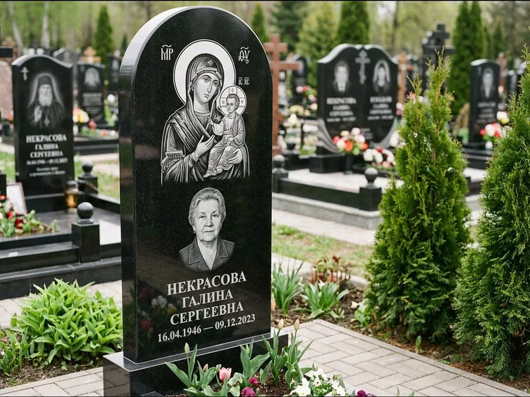 Памятник с гравировкой иконы: фигурная стела с киот-нишей под икону — икона в резной рамке-киоте, светлая гравийная отсыпка, работа «Журавлёв» в Кемерово