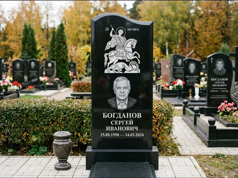 Памятник с гравировкой иконы: монументальный семейный мемориал из двух стел на общем цоколе — гравировка Николая Чудотворца, мощёная гранитная площадка без ограды, работа «Раевская» в Кемерово