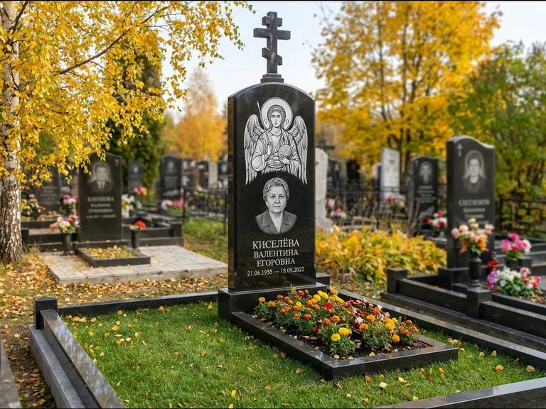 Памятник с гравировкой иконы — образ в полный рост на обороте стелы, работа «Гущин» в Кемерово
