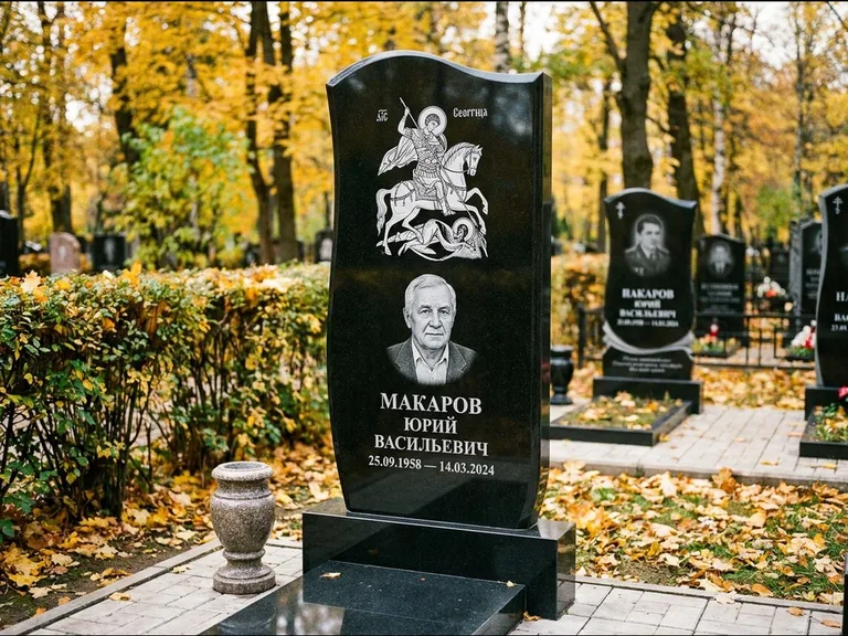 Памятник с гравировкой иконы — икона над портретом усопшего, работа «Раевская» в Кемерово