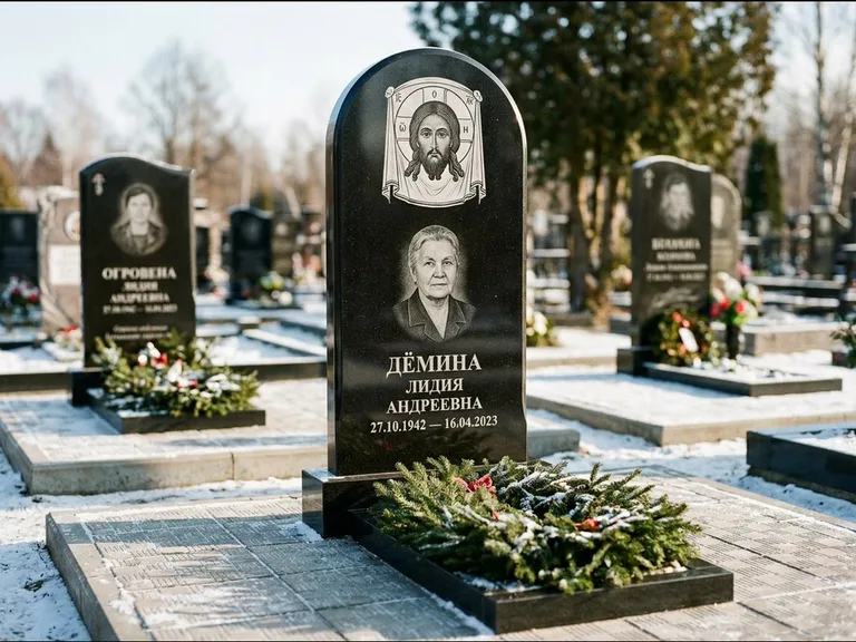 Памятник с гравировкой иконы — икона Спаса Вседержителя над именем усопшего, работа «Ковалёв» в Кемерово