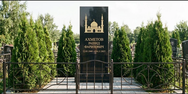 Гравировка мечети на памятник в Кемерово — стела из чёрного гранита, оформление по канонам ислама
