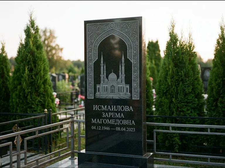 Мусульманский памятник с гравировкой мечети — мечеть в восточной арке с орнаментом, работа «Исмаилова» в Кемерово