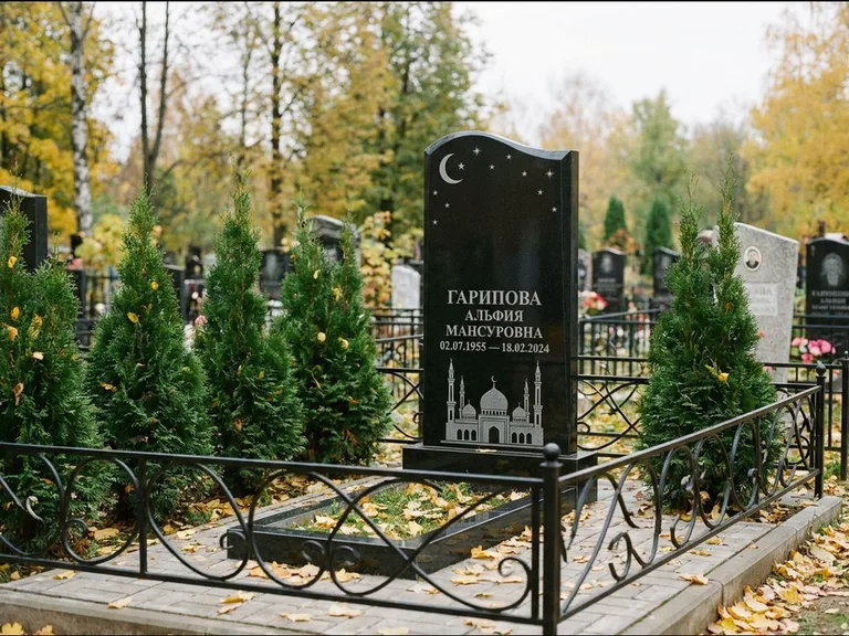 Мусульманский памятник с гравировкой мечети — мечеть с луной в ночном небе, работа «Гарипова» в Кемерово
