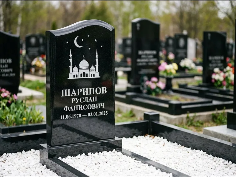 Мусульманский памятник с гравировкой мечети: стела с волнообразным скошенным верхом — гравировка мечети под полумесяцем и звёздами, белая мраморная крошка с бордюром, работа «Шарипов» в Кемерово