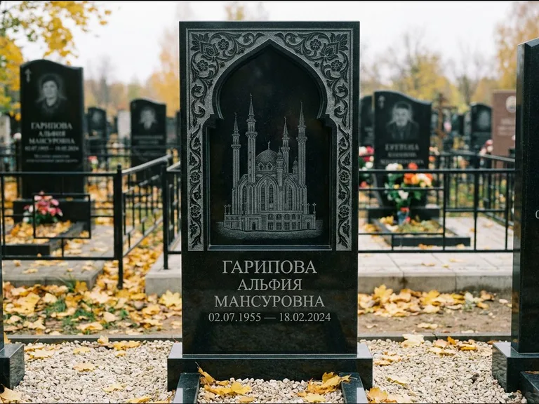 Мусульманский памятник с гравировкой мечети: фигурная стела с михраб-нишей — гравировка мечети в михраб-арке с орнаментом, светлая гравийная отсыпка, работа «Гарипова» в Кемерово