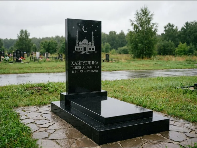 Мусульманский памятник с гравировкой мечети: ступенчатая двухуровневая стела — гравировка мечети под полумесяцем и звёздами, каменная дорожка из плитняка, работа «Хайруллина» в Кемерово