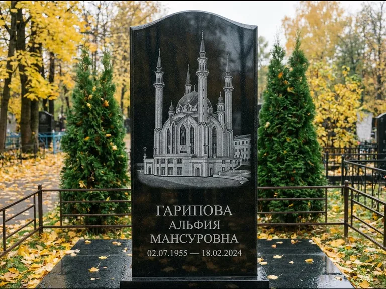 Мусульманский памятник с гравировкой мечети — мечеть Кул-Шариф на обороте стелы, работа «Гарипова» в Кемерово
