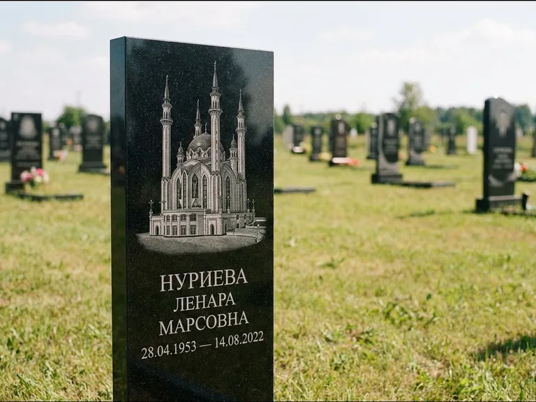 Мусульманский памятник с гравировкой мечети: узкая вертикальная стела-пилон — гравировка мечети в михраб-арке с орнаментом, открытая лужайка без ограды, работа «Хайруллина» в Кемерово