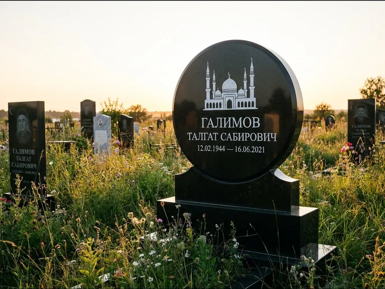 Мусульманский памятник с гравировкой мечети: округлая стела-медальон на тумбе — гравировка мечети в михраб-арке с орнаментом, луговые травы и полевые цветы, работа «Каримов» в Кемерово