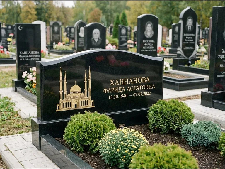 Мусульманский памятник с гравировкой мечети: вытянутая горизонтальная семейная стела с аркой — белая гравировка силуэта мечети с минаретами, участок с декоративными кустами, работа «Гарипова» в Кемерово
