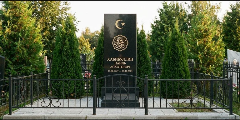 Гравировка на мусульманском памятнике в Кемерово — стела из чёрного гранита, оформление по канонам ислама