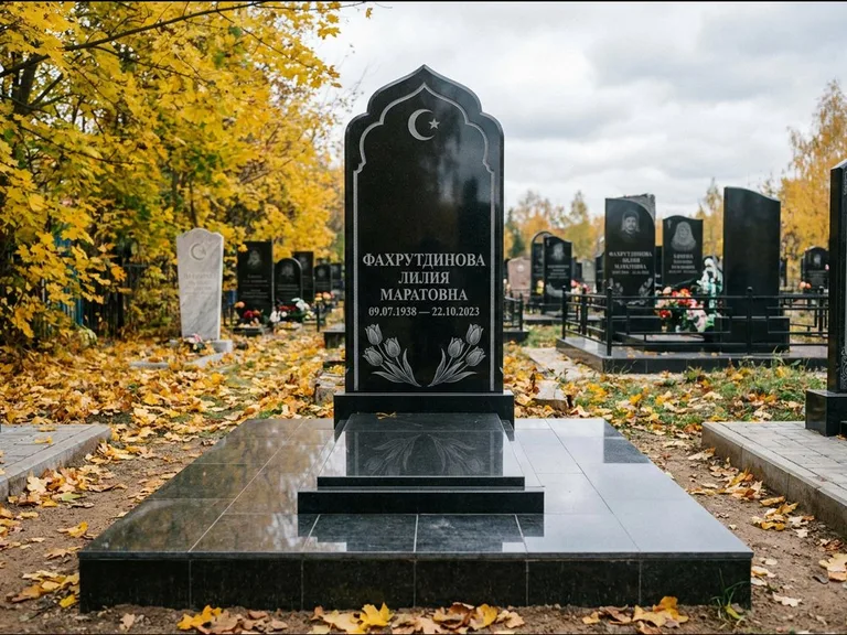 Мусульманский памятник: стела с михраб-навершием в форме арки — гравировка минарета с полумесяцем, гранитный цоколь с тёмной плиткой, работа «Фахрутдинова» в Кемерово