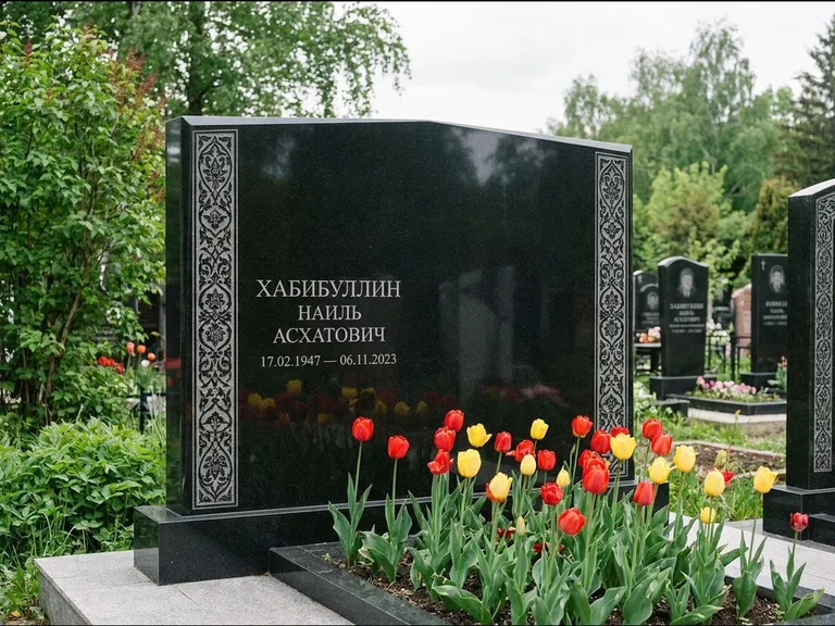 Мусульманский памятник: широкая двойная семейная стела — золочёная гравировка мечети, цветник с тюльпанами, работа «Хабибуллин» в Кемерово