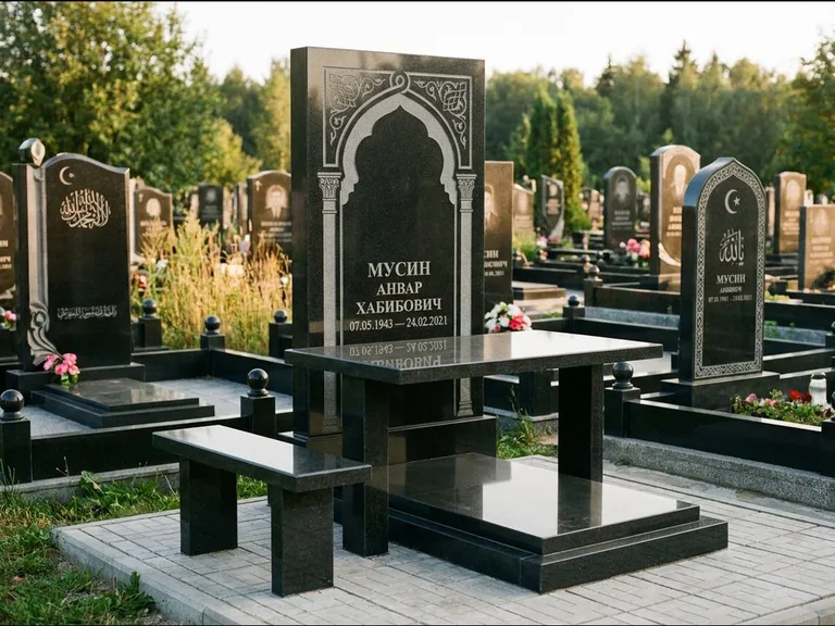 Мусульманский памятник: стела с гранитным столиком и скамьёй — гравировка мечети под полумесяцем и звёздами, семейный участок с плиткой, работа «Гимаев» в Кемерово