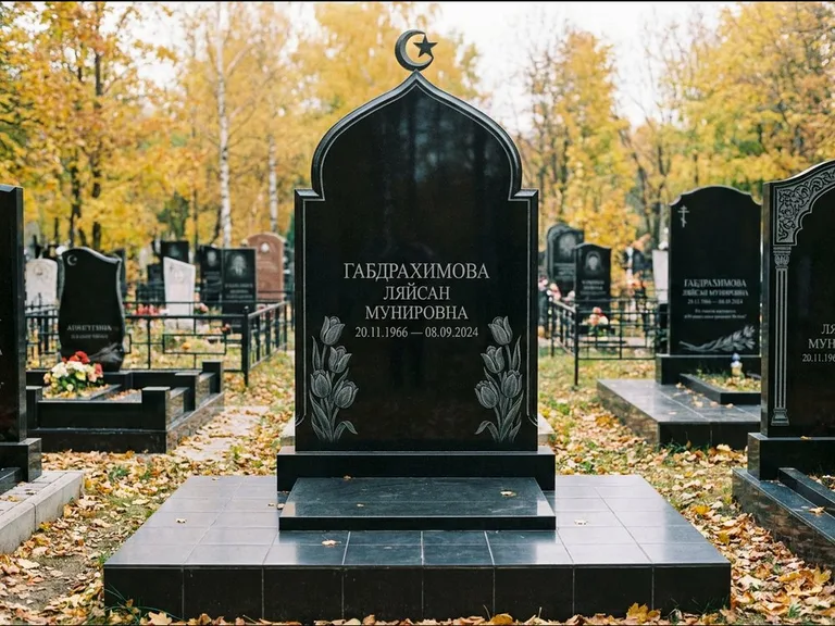 Мусульманский памятник: массивная стела с михраб-навершием — белая гравировка силуэта мечети с минаретами, цоколь тёмной плиткой, работа «Магомедова» в Кемерово