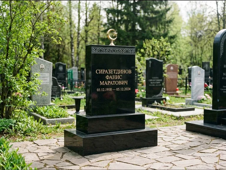 Мусульманский памятник: ступенчатая трёхуровневая стела — золочёная гравировка мечети, дорожка из природного плитняка, работа «Мустафин» в Кемерово