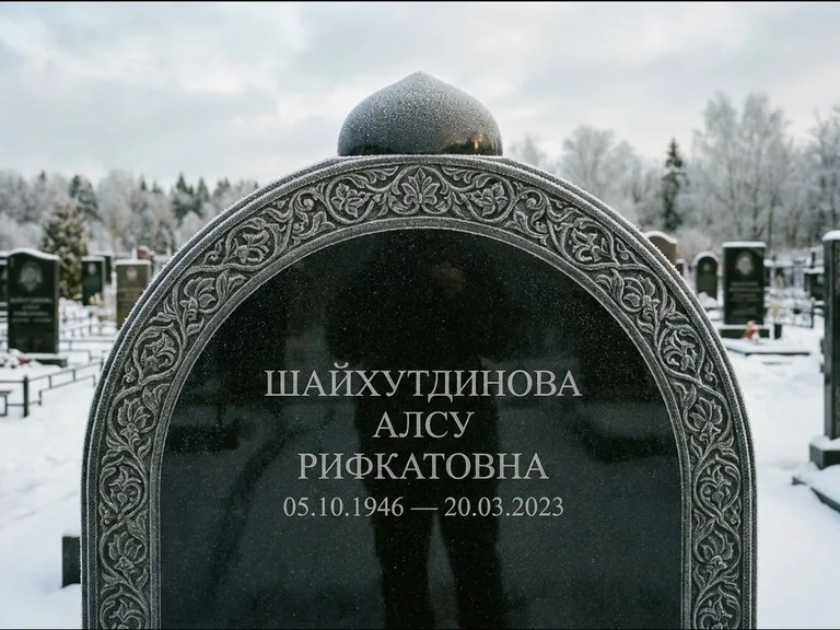 Мусульманский памятник: полукруглая стела с купольным навершием — гравировка мечети под полумесяцем и звёздами, заснеженный зимний участок, работа «Ганиева» в Кемерово