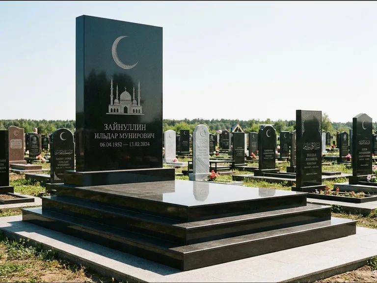 Мусульманский памятник: массивная стела на ступенчатом постаменте — гравировка мечети под полумесяцем и звёздами, гранитная площадка без ограды, работа «Хабибуллин» в Кемерово
