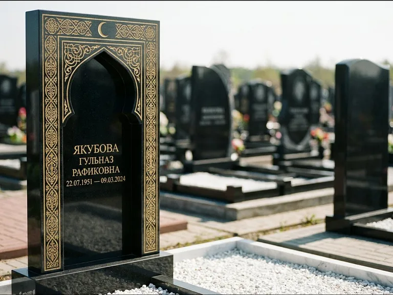 Мусульманский памятник: стела в форме михраба с глубокой нишей и золочёным орнаментом — детализированная гравировка мечети Кул-Шариф, участок с белой мраморной крошкой, работа «Мустафин» в Кемерово