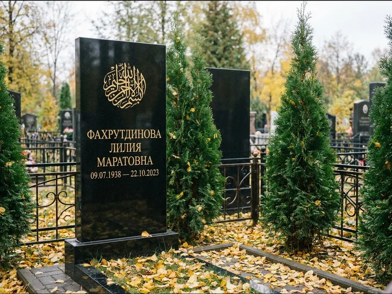 Мусульманский памятник — шахада в верхней части стелы, работа «Фахрутдинова» в Кемерово