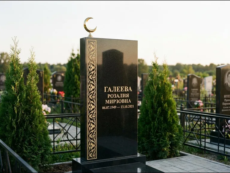 Памятник с гравировкой полумесяца — золочёный полумесяц и колонна растительного орнамента-ислими, работа «Галеева» в Кемерово
