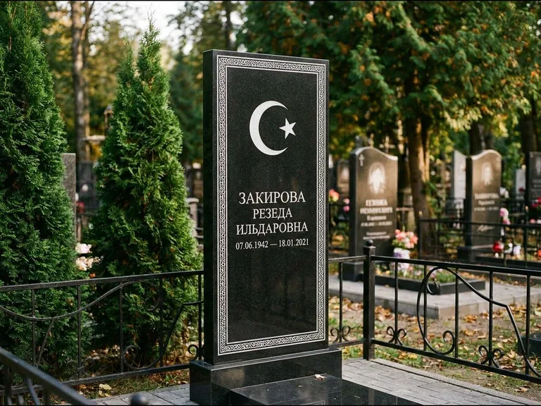 Памятник с гравировкой полумесяца — строгая белая гравировка полумесяца со звездой и орнаменталь, работа «Закирова» в Кемерово