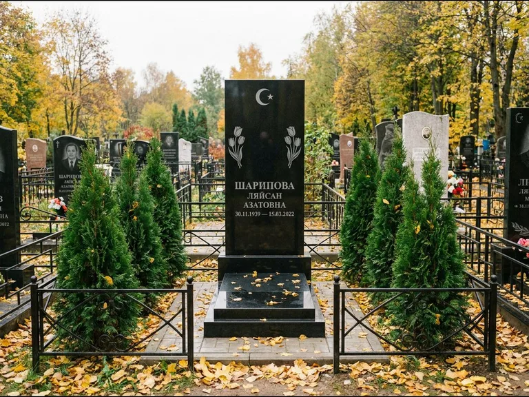 Памятник с гравировкой полумесяца — гравировка полумесяца со звездой и тюльпанами по бокам, работа «Шарипова» в Кемерово