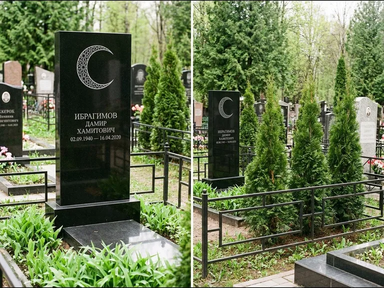 Памятник с гравировкой полумесяца — гравировка полумесяца в геометрическом орнаменте-гирихе, работа «Ибрагимов» в Кемерово