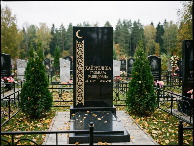 Памятник с гравировкой полумесяца — золочёный полумесяц и колонна растительного орнамента-ислими, работа «Хайруллина» в Кемерово