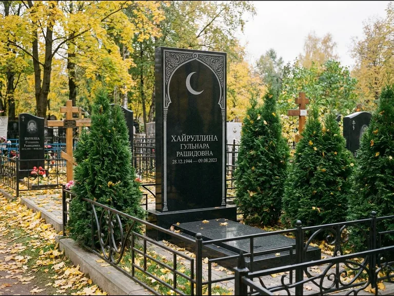 Памятник с гравировкой полумесяца — гравировка полумесяца в восточной арке с орнаментом, работа «Хайруллина» в Кемерово