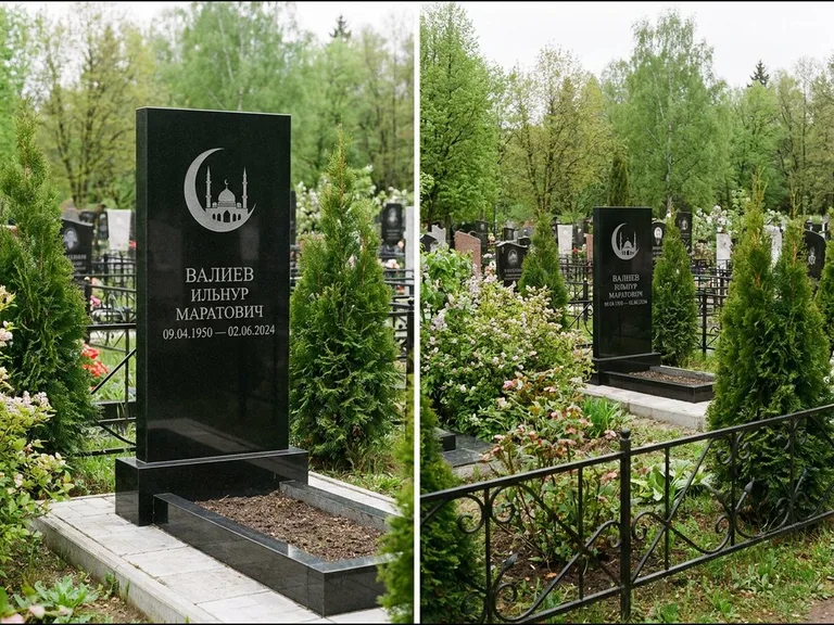 Памятник с гравировкой полумесяца — гравировка полумесяца над силуэтом мечети, работа «Валиев» в Кемерово