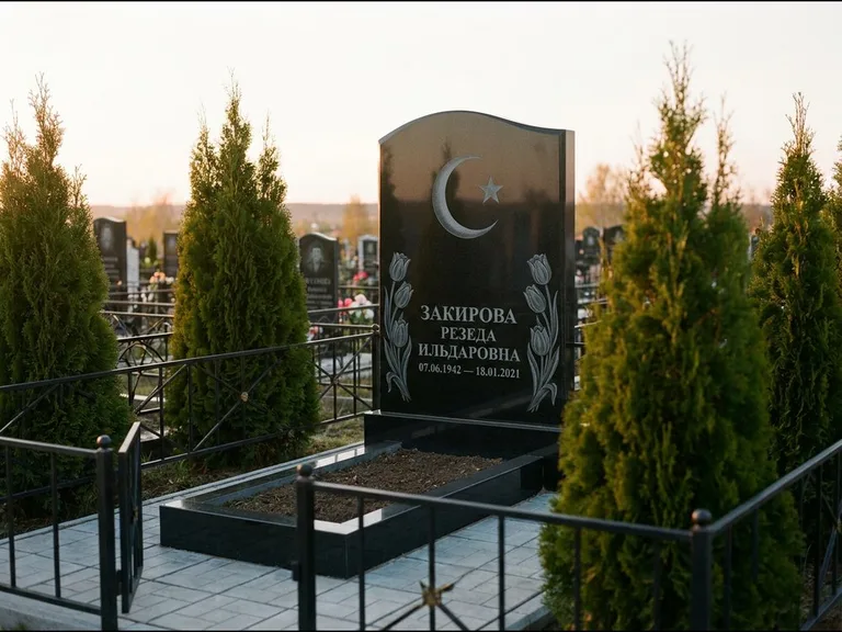 Памятник с гравировкой полумесяца — гравировка полумесяца со звездой и тюльпанами по бокам, работа «Закирова» в Кемерово