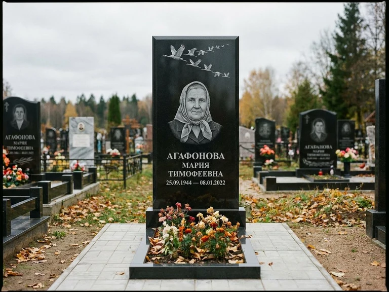 Гравировка журавлей на памятник в Кемерово — памятник из чёрного гранита с гравировкой