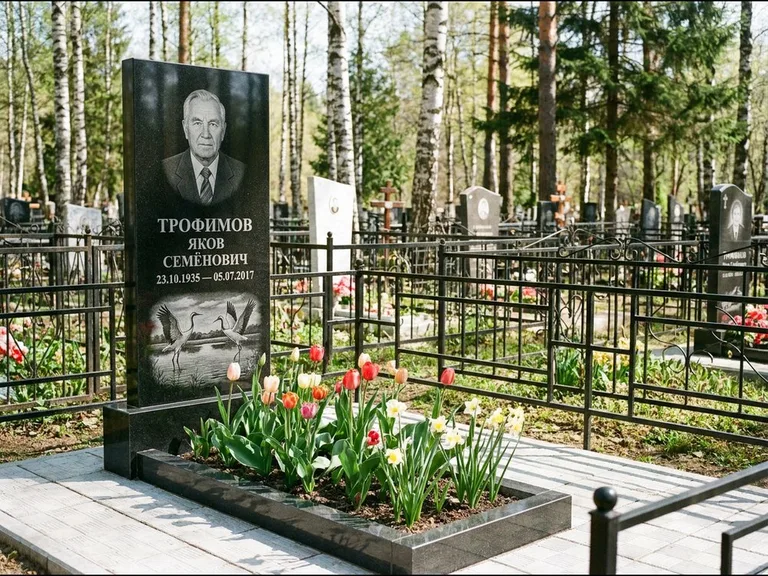 Памятник с гравировкой журавлей — гравировка пары журавлей над гладью озера в нижней части, работа «Трофимов» в Кемерово