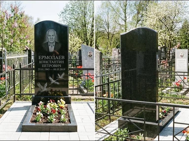 Памятник с гравировкой журавлей — гравировка трёх журавлей по диагонали через свободное поле с, работа «Ермолаев» в Кемерово