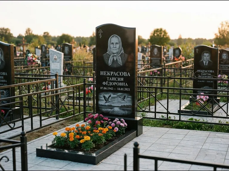 Памятник с гравировкой журавлей — гравировка пары журавлей над гладью озера в нижней части, работа «Некрасова» в Кемерово