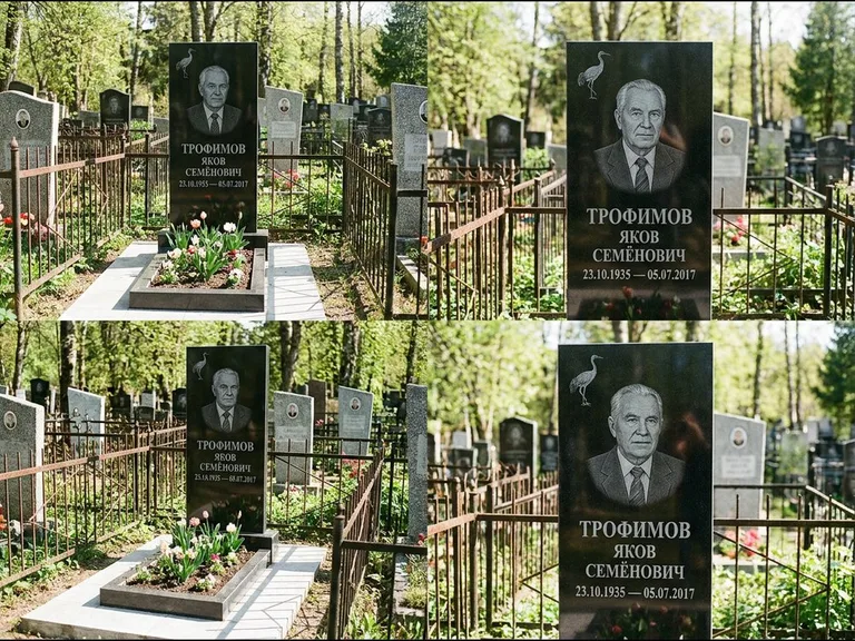 Памятник с гравировкой журавлей — гравировка одиночного летящего журавля над портретом, работа «Трофимов» в Кемерово