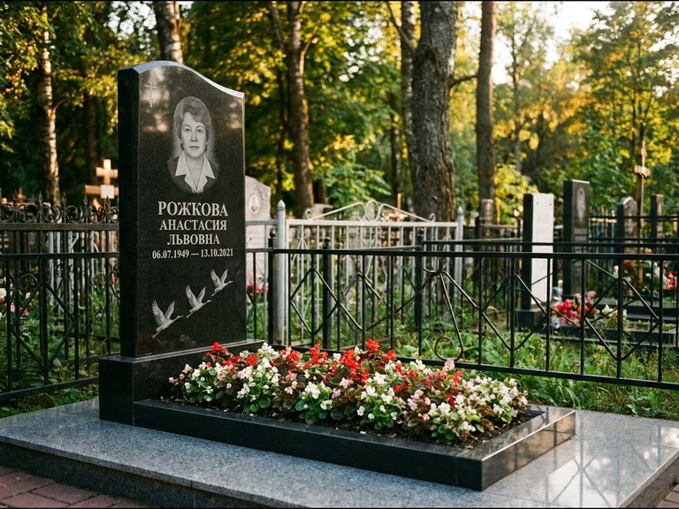 Памятник с гравировкой журавлей — гравировка трёх журавлей по диагонали через свободное поле с, работа «Рожкова» в Кемерово