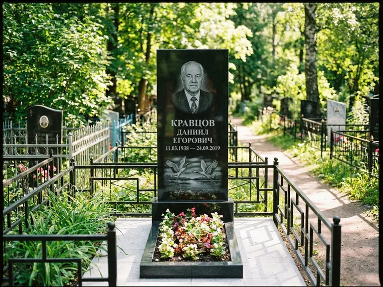 Памятник с гравировкой журавлей — гравировка пары журавлей над гладью озера в нижней части, работа «Кравцов» в Кемерово